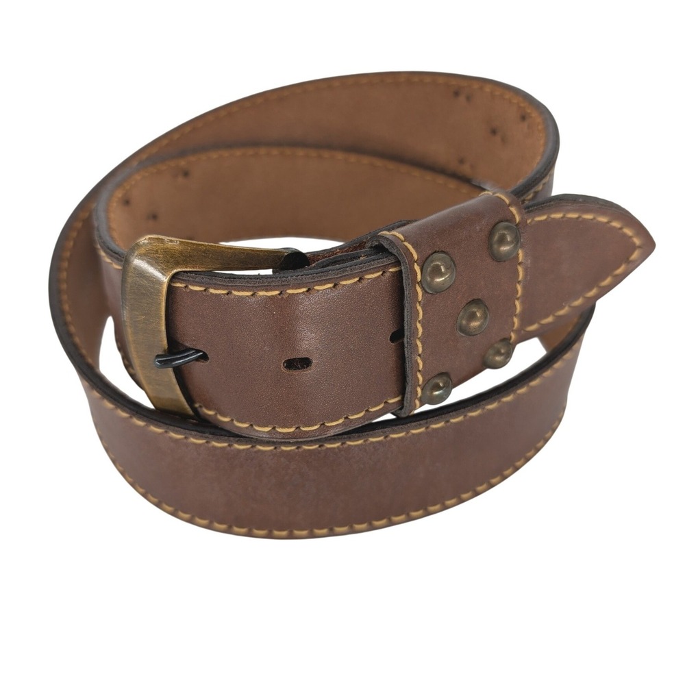 VTG Studded Leather Belt Men 40 Brown Brass Buckle Western Rustic‎ Cowboy Moto